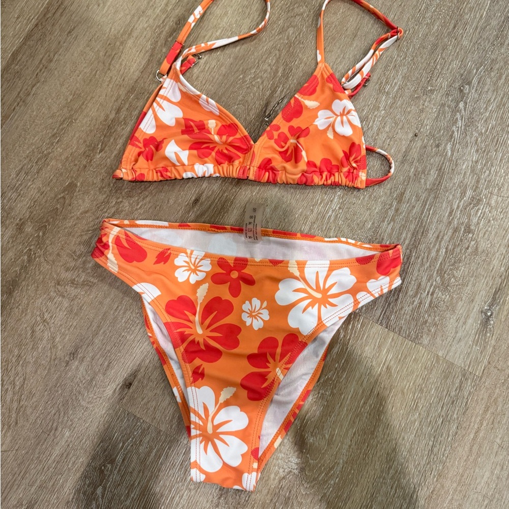 Girls Medium Floral Orange and White Bikini Set